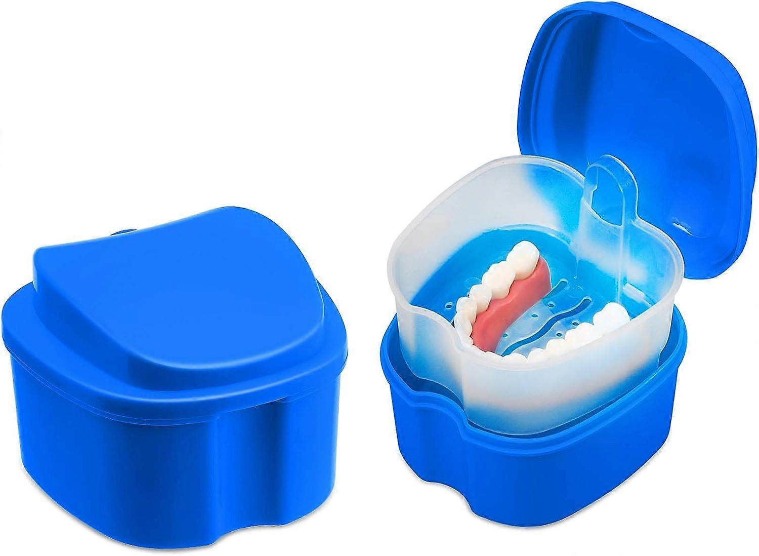 1pcs Denture Box, Portable Retainer Case with Drain Basket, Dark Blue
