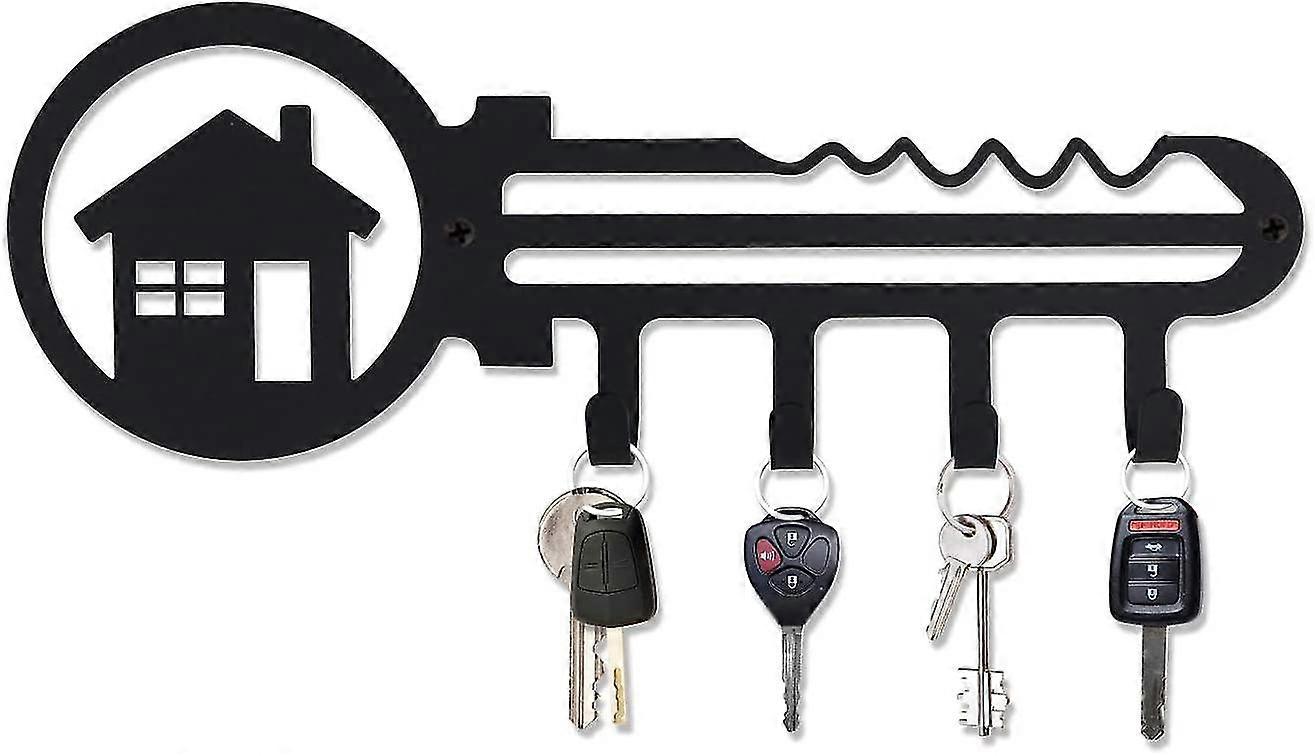 Decorative Wall Mounted Iron Key Holder, With 4 Key Hooks Organizer For Car Or House Keys, Key Rack Black