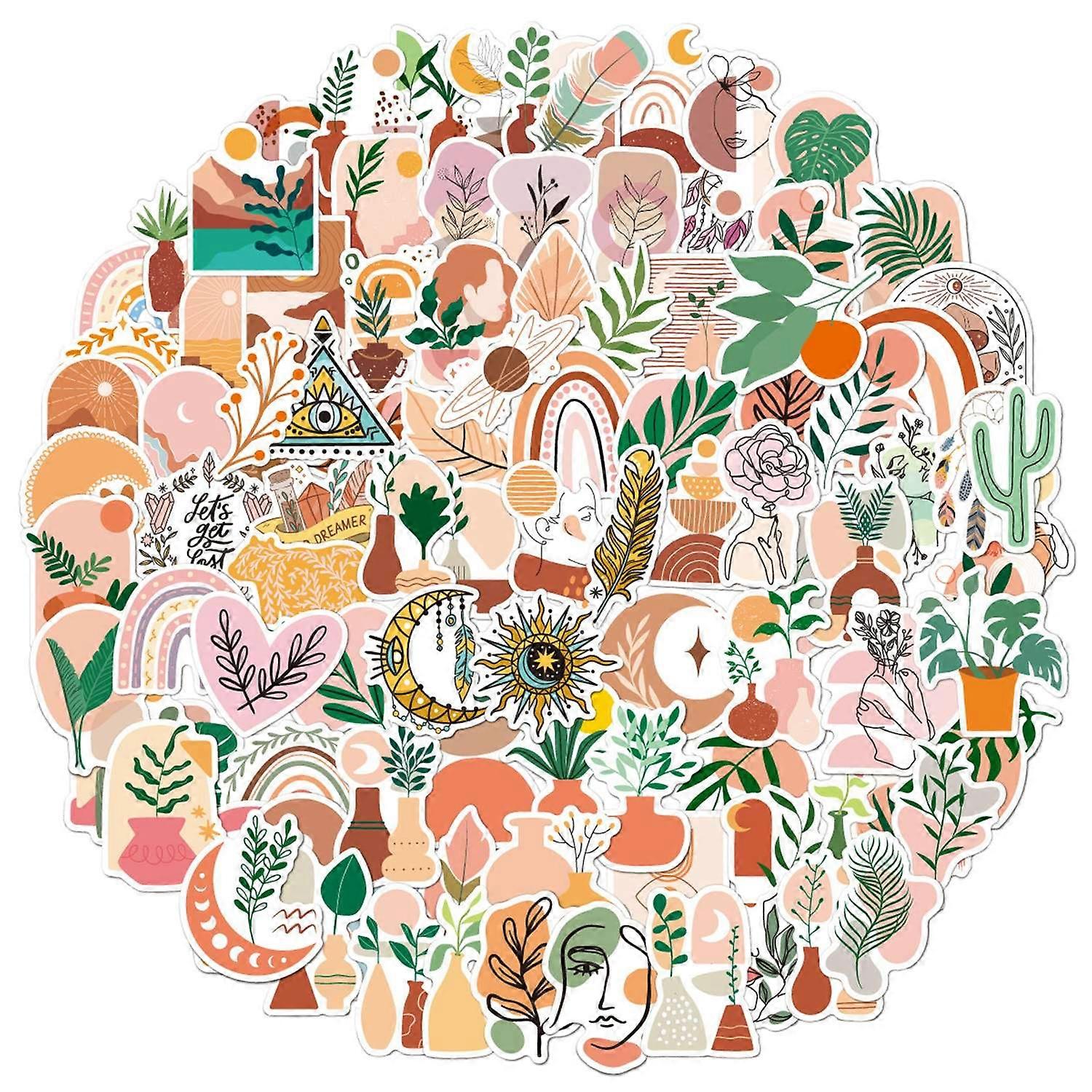 100Pcs Stickers Retro Bosnian Style Plant Flower Pattern Waterproof Nature-Inspired Designs Vinyl