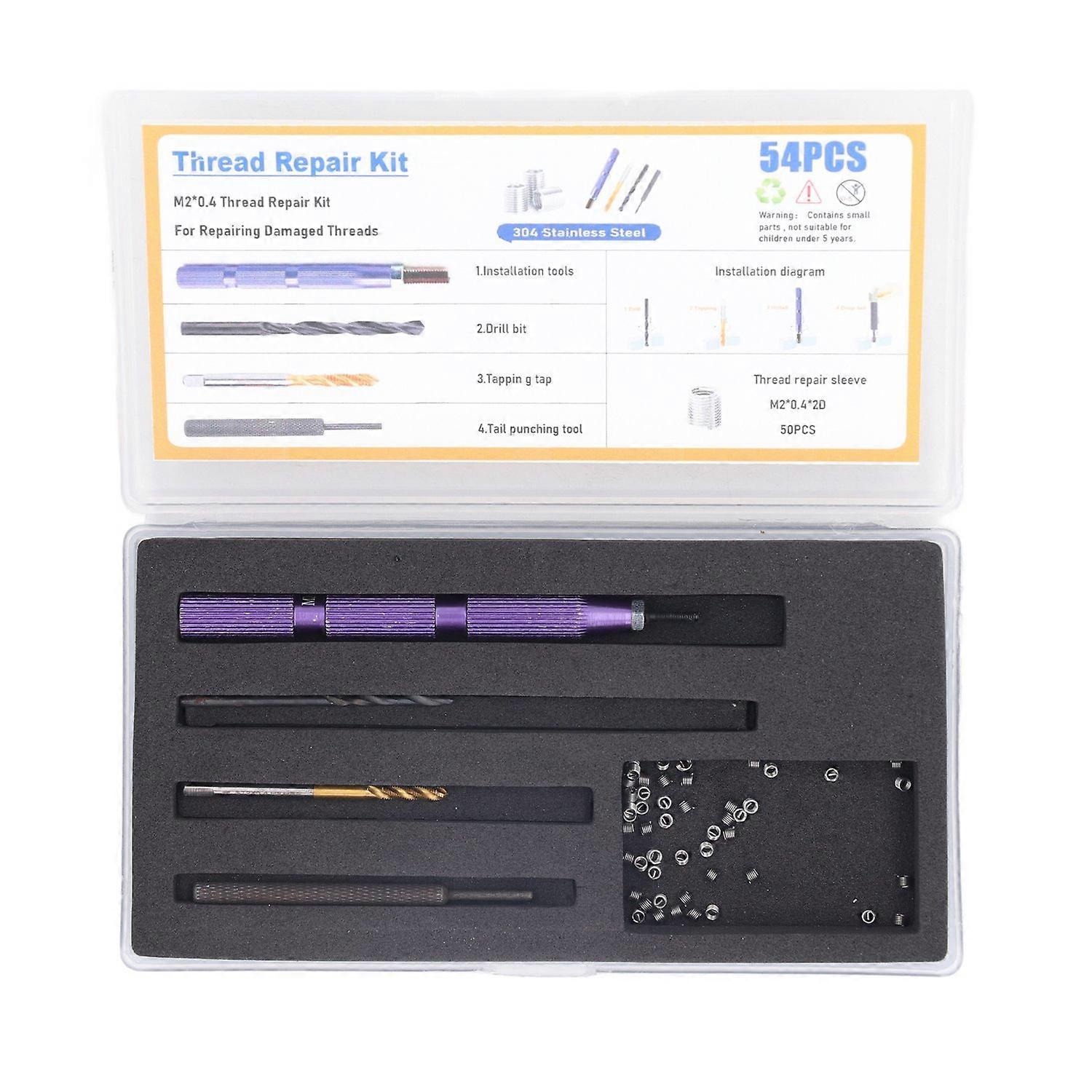 54 Pcs Thread Repair Kit M2x0.4x2D Inserts 304 Stainless Steel Thread Installation Tool 