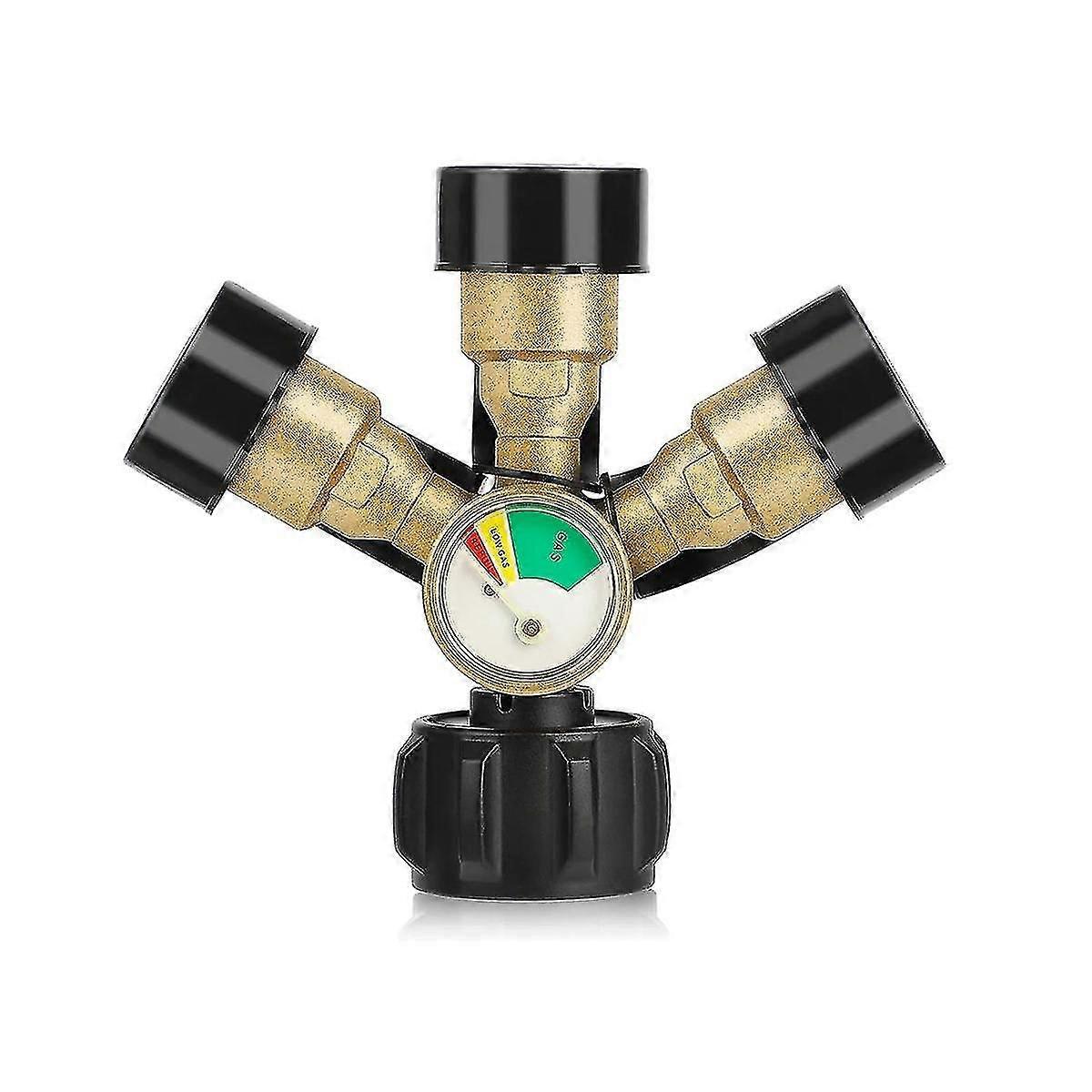3 Way Propane Splitter, 3 Y Propane Gas Splitter Adapter With Gauge And Shut-off Valve, Propane Tan-Good
