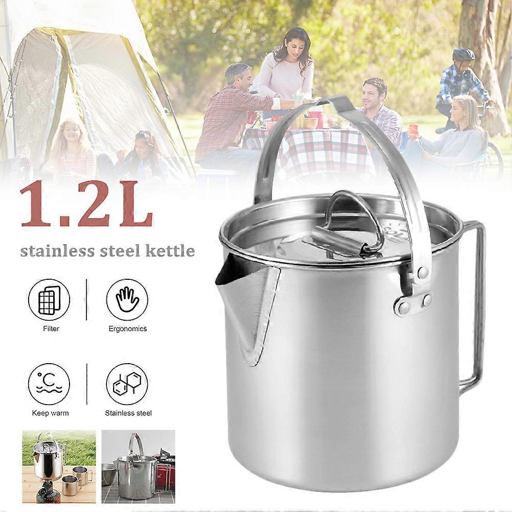 1.2L Outdoor Camping Kettle Stainless Steel Pot Portable Hanging Pot Coffee Pot Teapot Cooker for Backpacking Hiking Picnic Trip