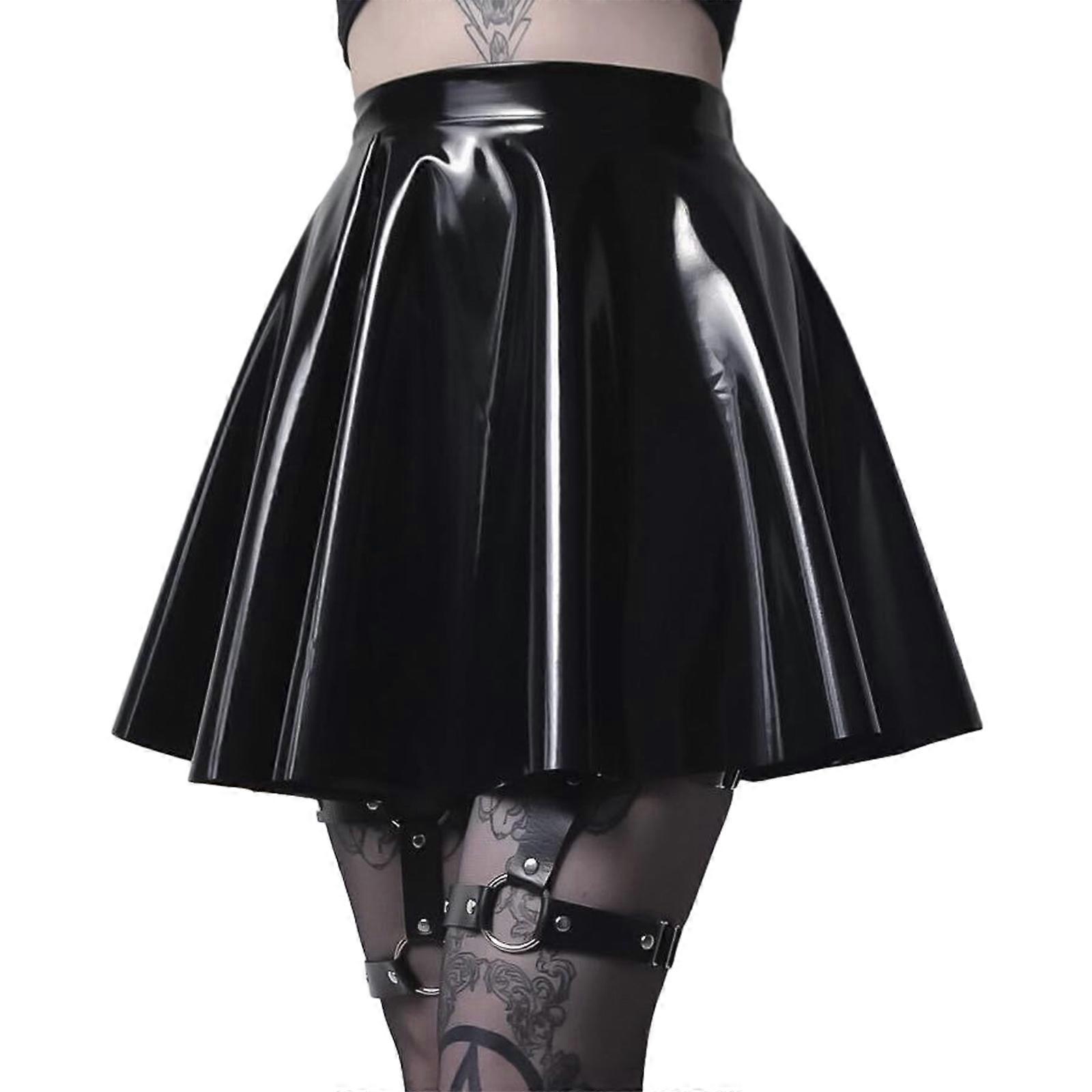 Faux Leather Wetlook Skater Skirt,Women's Black Pleated Mini A