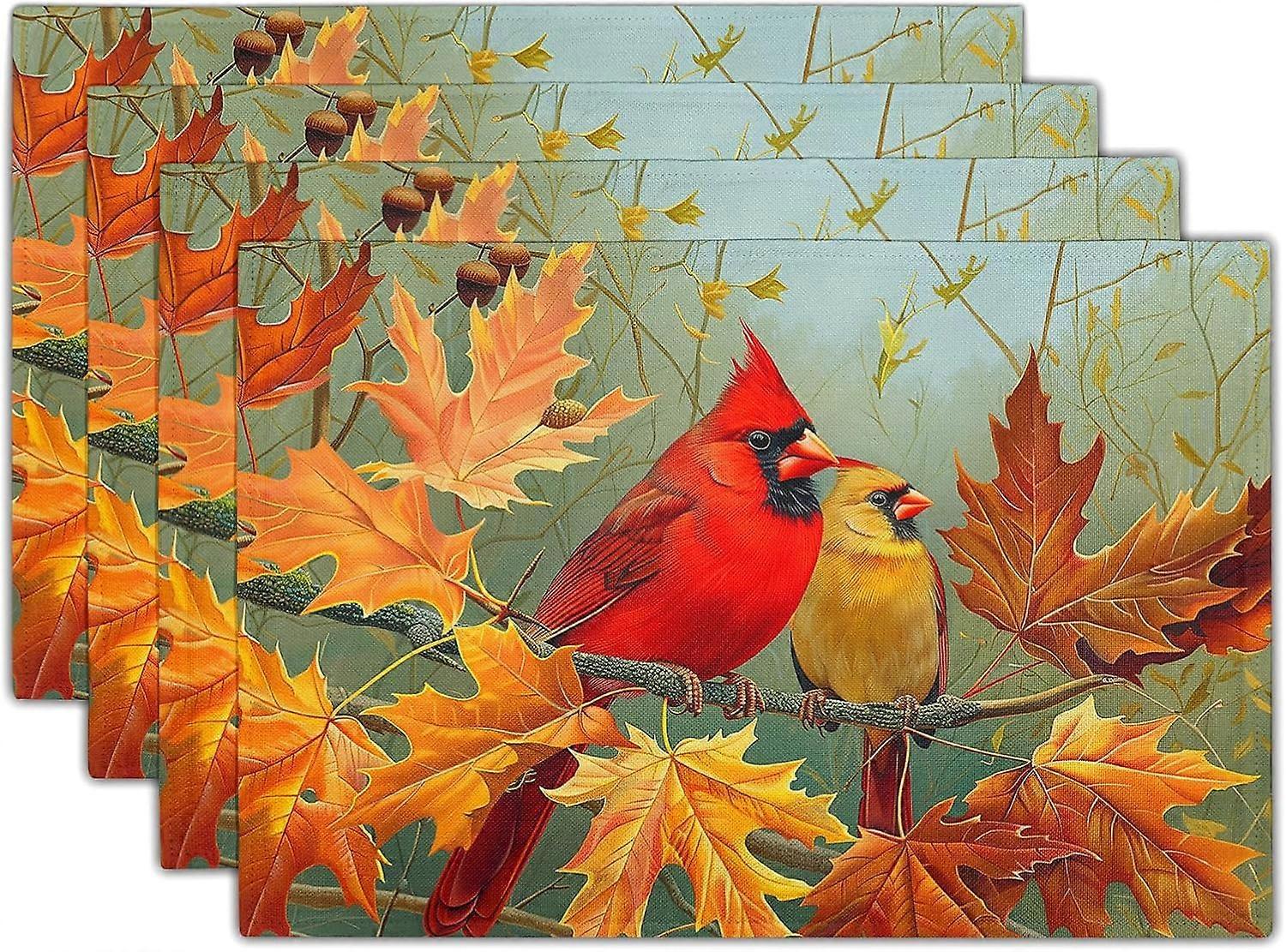 4 Set Autumn Birds Placemats for Thanksgiving Harvest Table Setting 12"x18"