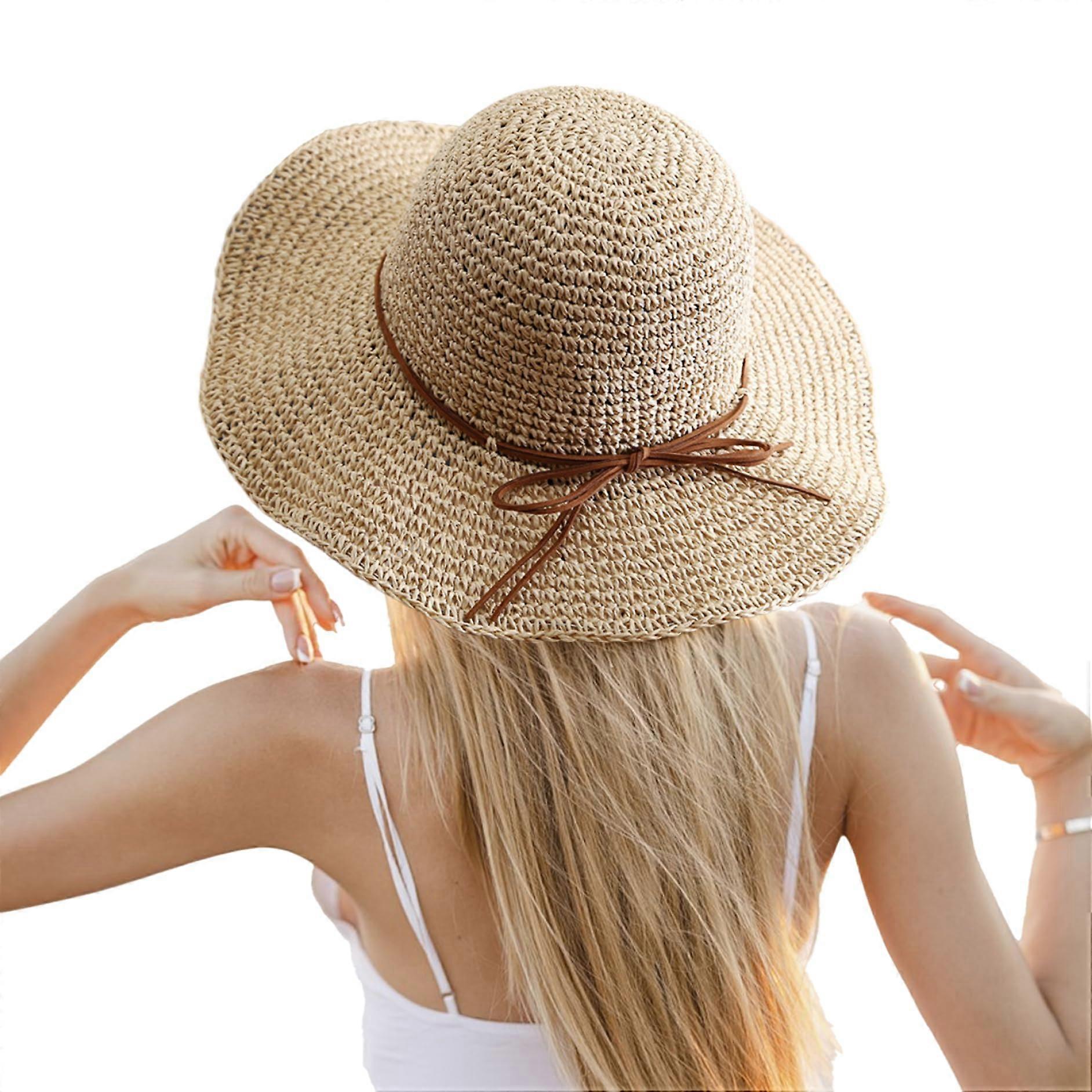 Foldable Breathable Straw Hat Beach Summer Packable One Size Natural Straw Color