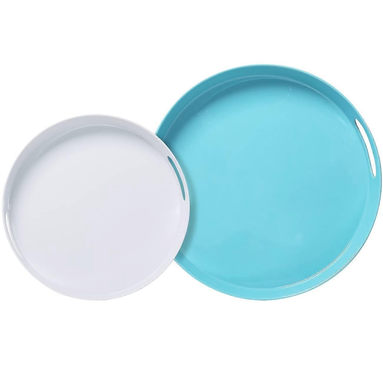 Large Round Serving Tray With Handles Melamine, Set Of 2 Teal And White For Food And Beverages