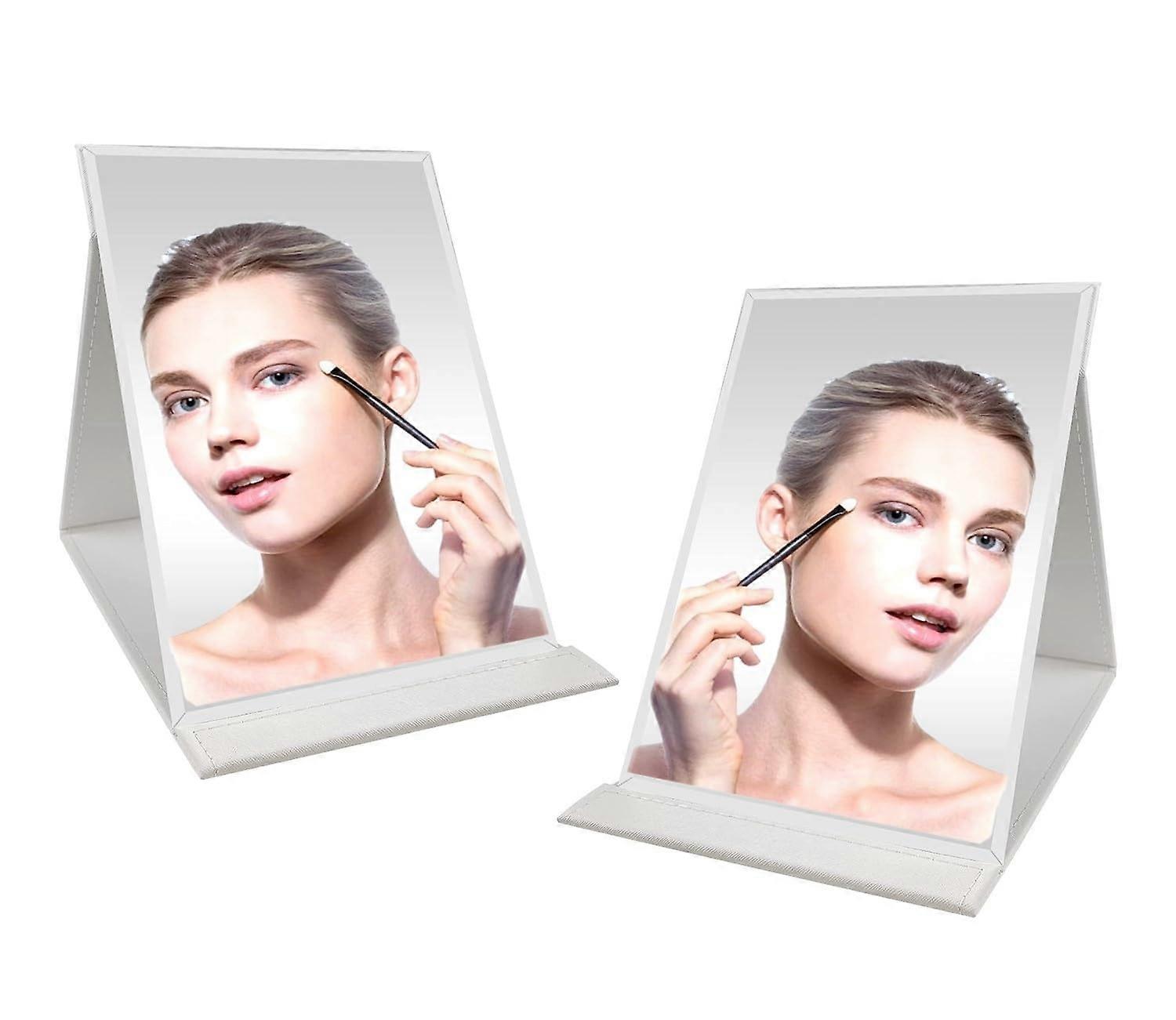 Foldable Makeup Mirror with Stand, Compact Travel Vanity Mirror, White PU Leather, Free Standing, Pack of 2