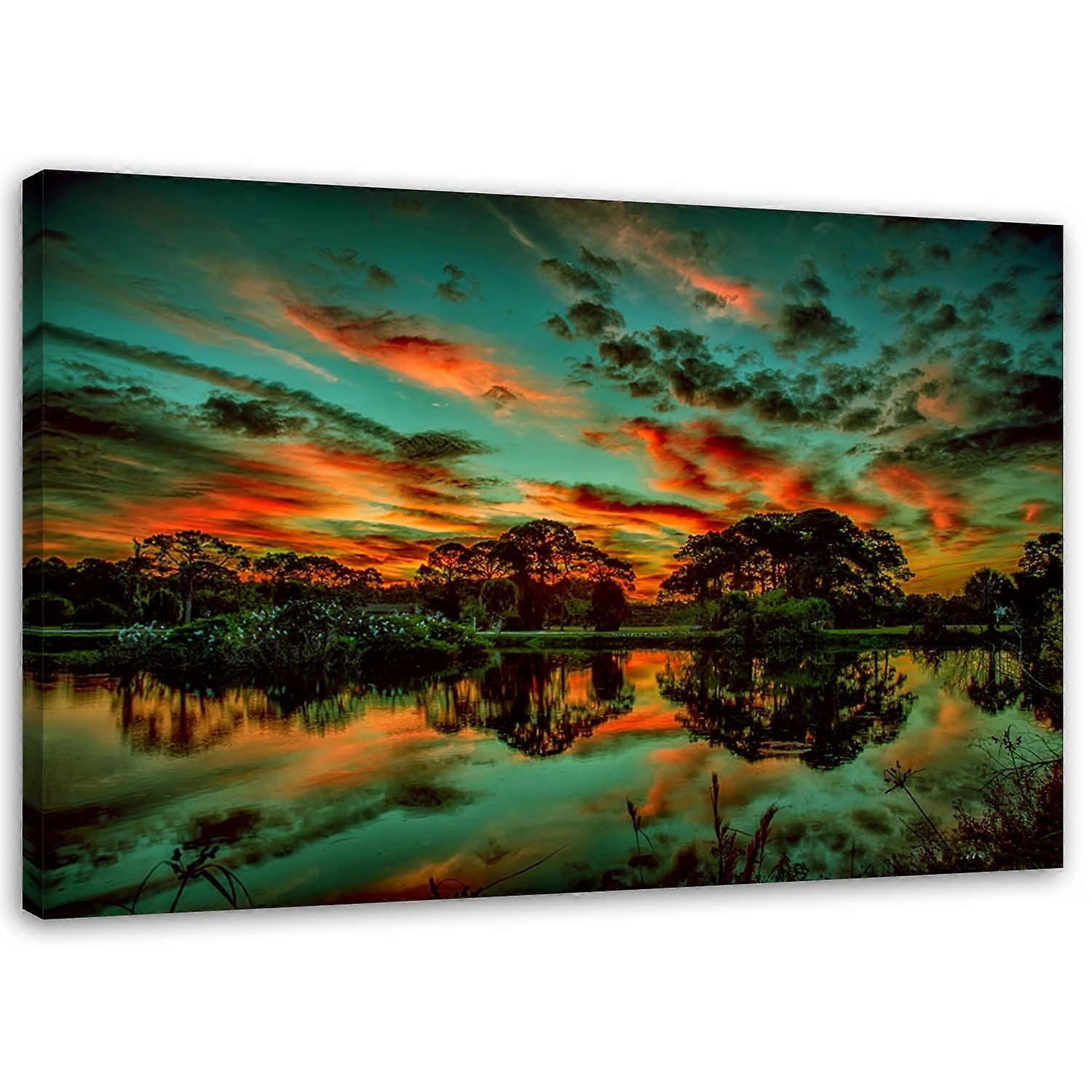 Lienzo, Puesta de sol sobre un lago - 90x60