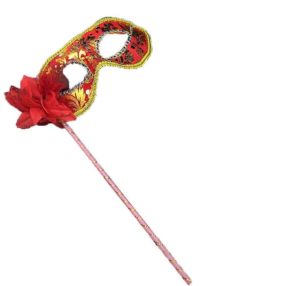 Translucent Half Mask In Lace Veil On Pole With Feather Side Flower