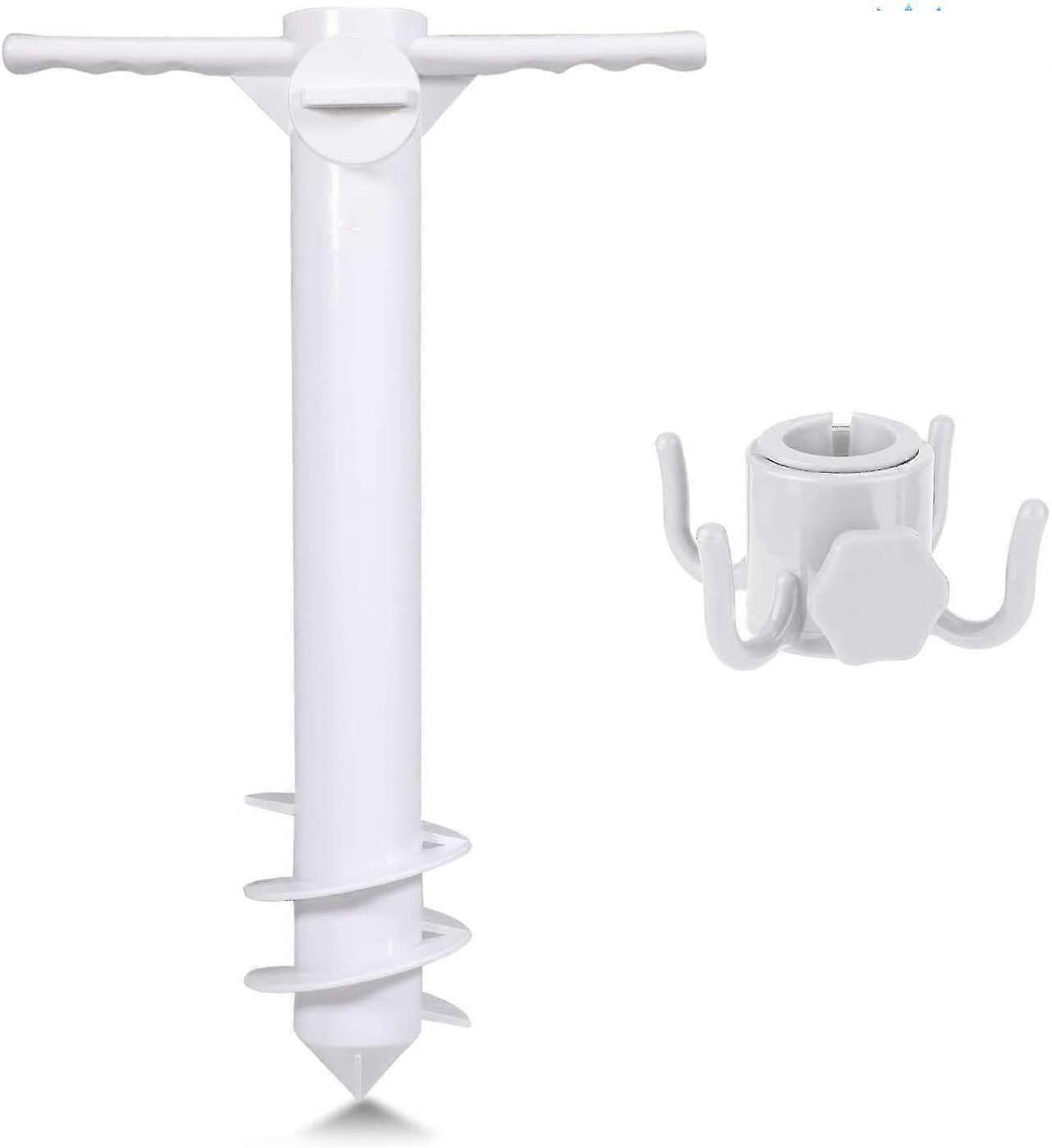 1 Set White Auger Sand Umbrella Anchor and Towel Hooks Set for Vacation Gear Suitable for Poles Up to 1.6 in Diameter