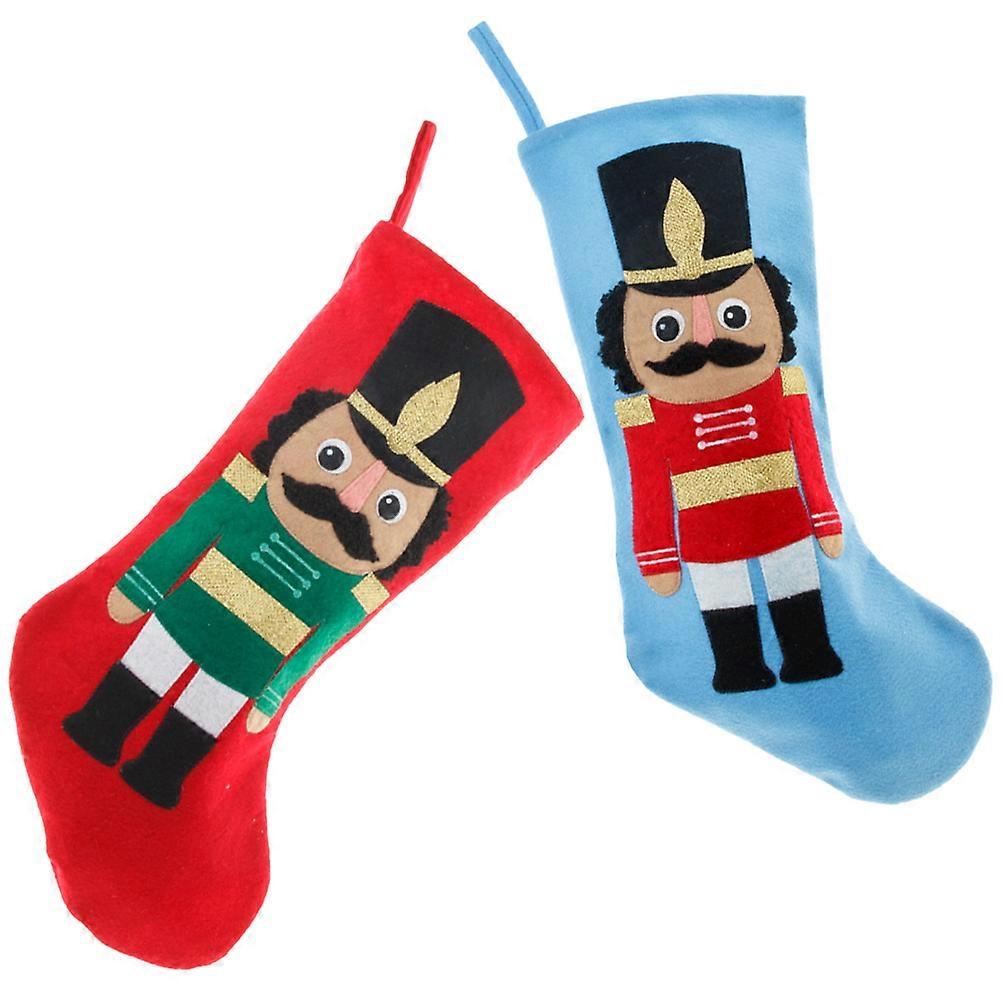 2pcs Large Embroidered Nutcracker Christmas Stockings Decorative Hanging Socks for Xmas Tree Fireplace Gift Bags Red Blue