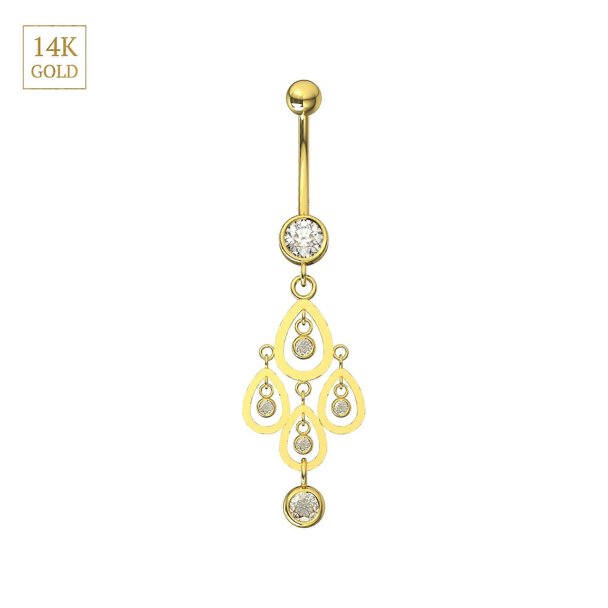 14K Solid Gold Cz Jewelled Tear Shape Danglers Belly Ring