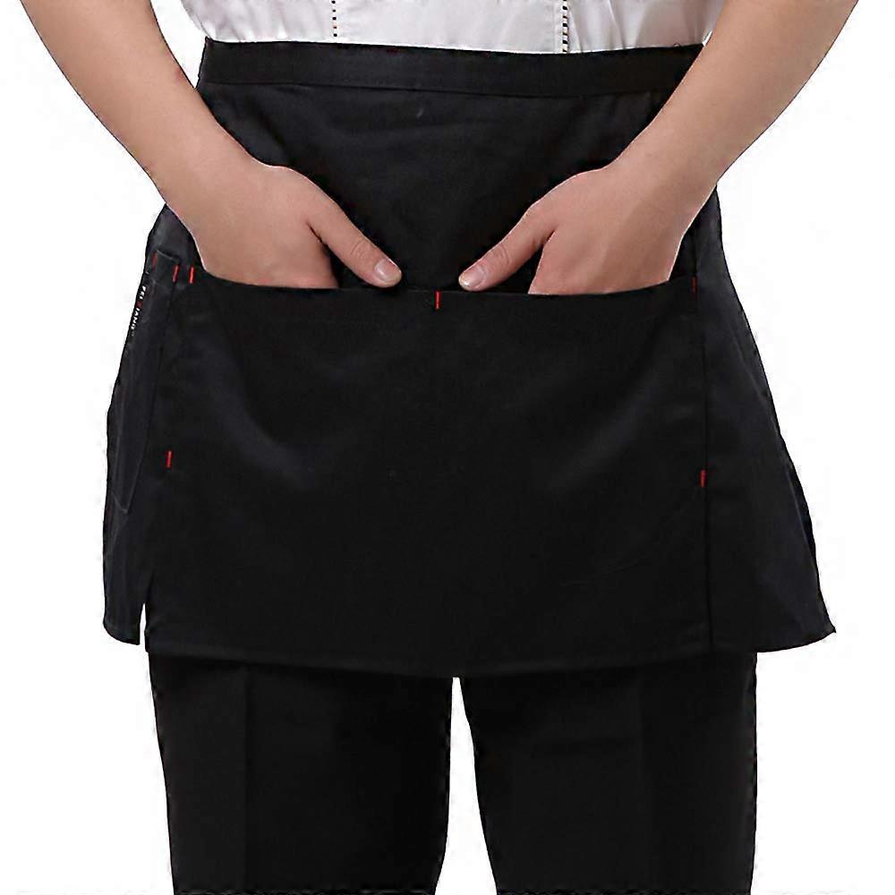 Unisex Waist Apron for Waiters and Chefs, Short Kitchen Serving Apron, Black with 2 Large Pockets and Pen Pocket