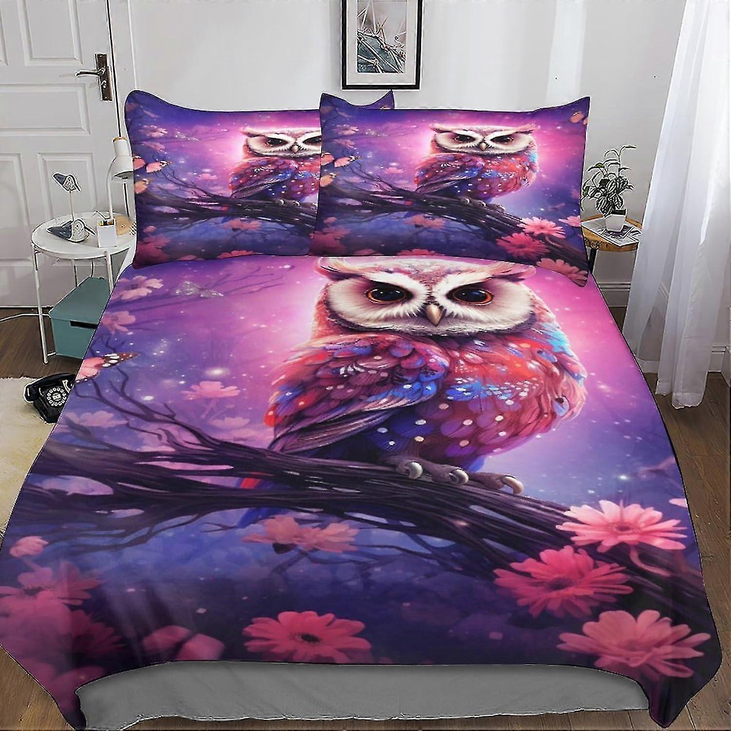 Conjunto de cama de coruja adorável capa de edredão colcha 3D 3 peças capa de colcha floral colorida com fecho de zíper microfibra macia para crianças