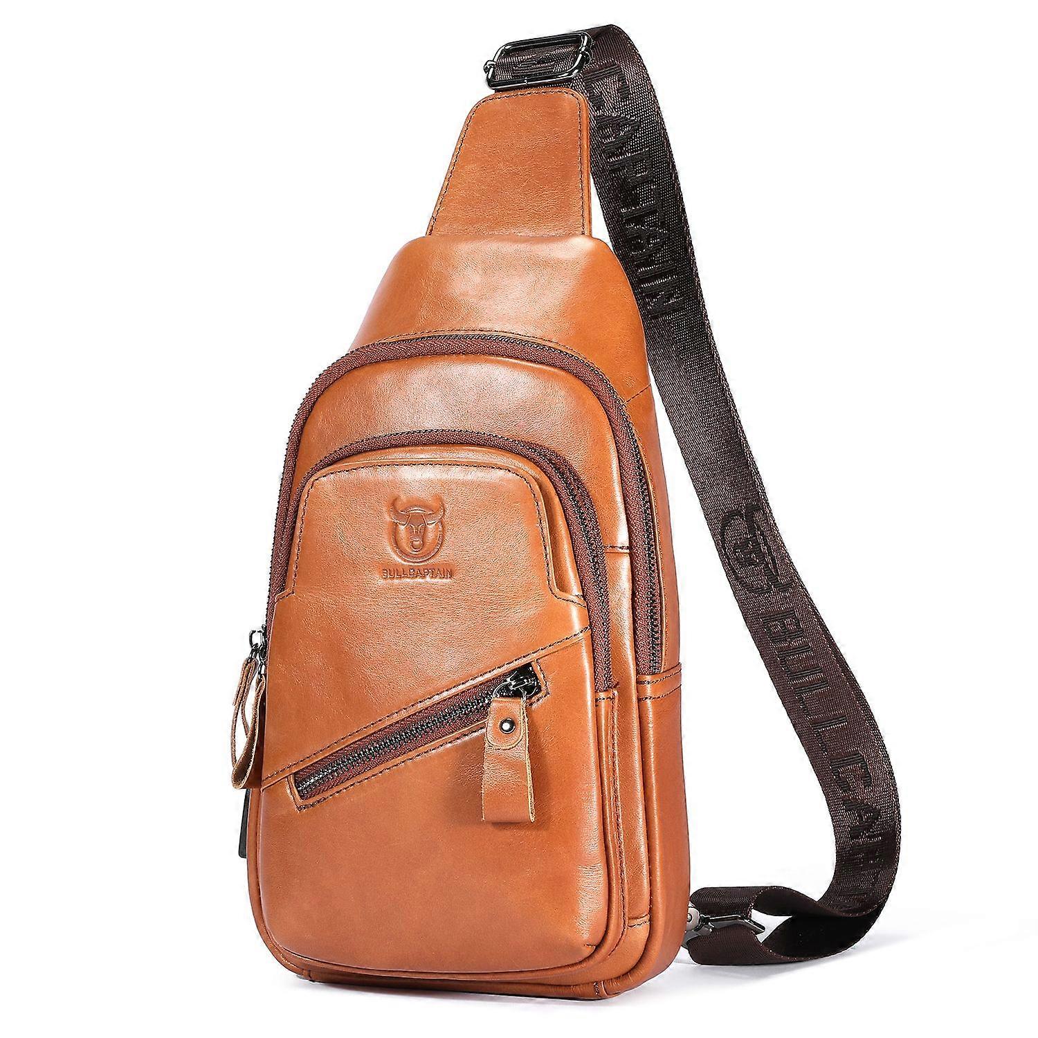 BULLCAPTAIN 0127 Large Chest Bag Top-Layer Cowhide Leather Crossbody Daypack with USB Charging Port