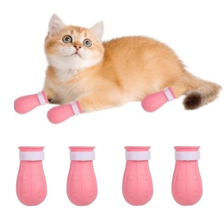 猫爪套,防刮可调节猫脚套,粉色,4 件装