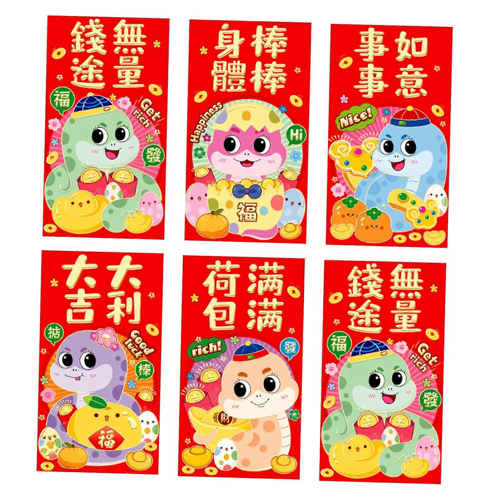 6 Traditional New Year Money Packets 2025 Red Envelopes with Snake Design for Chinese Spring Festival Hongbao