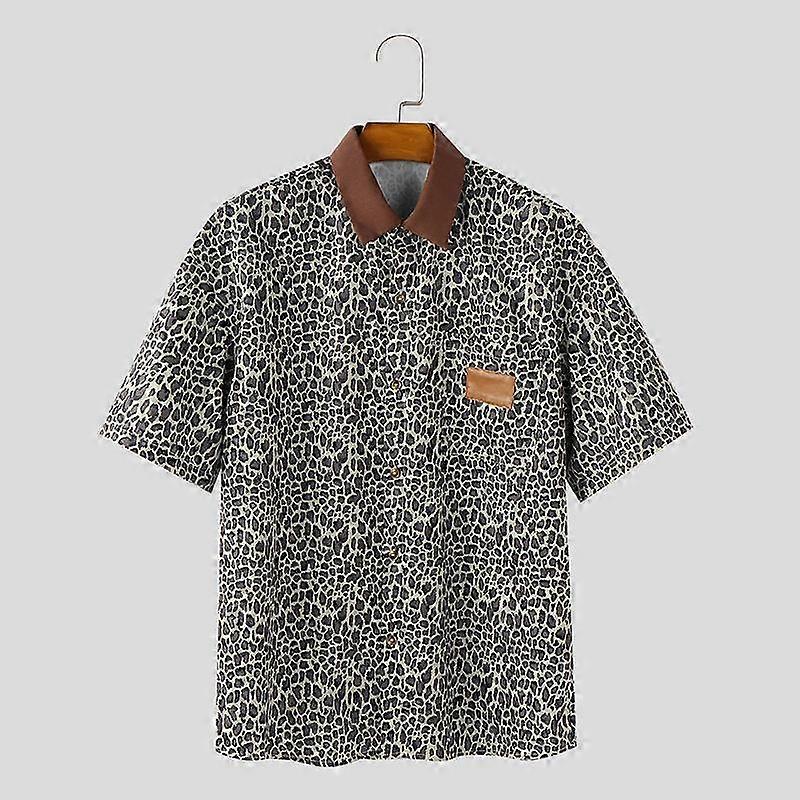 INCERUN Kesä Miesten Käänne Lyhythihainen Patchwork Leopardi Print Casual Paidat