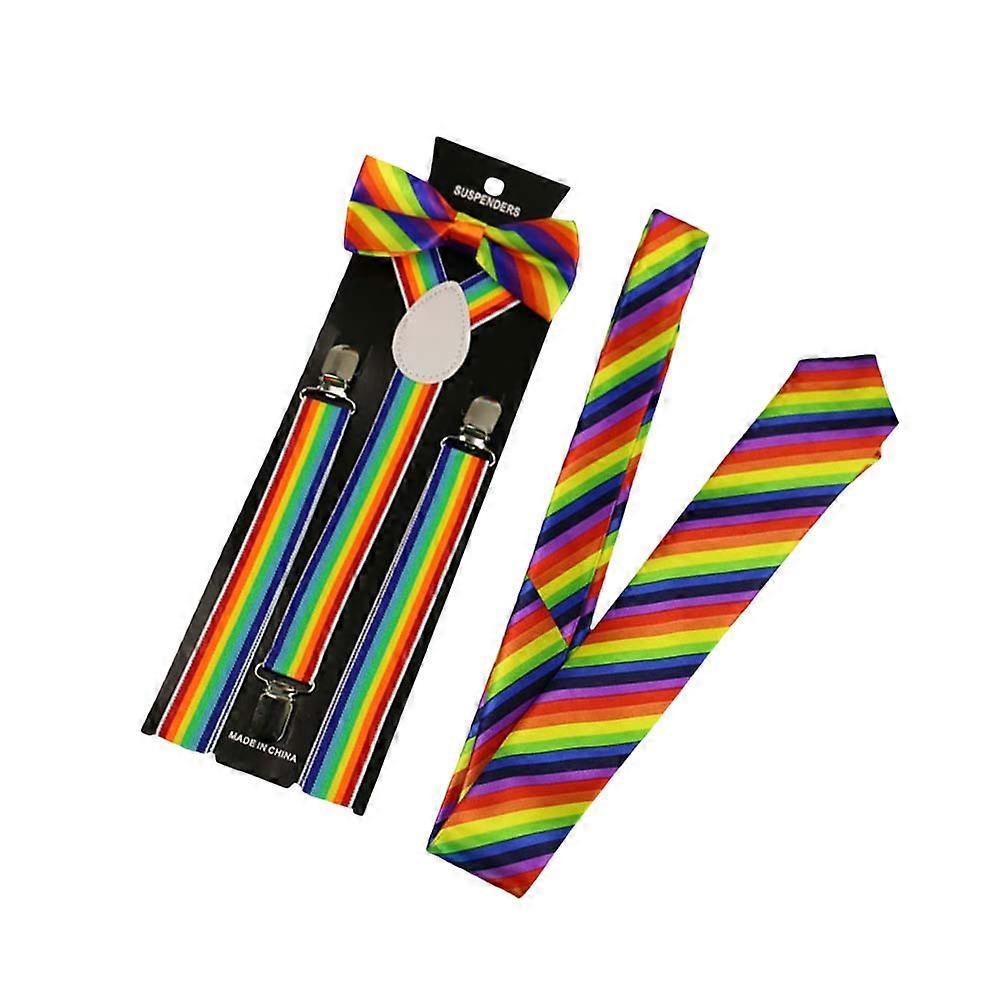 Colorful Bow Tie And Braces Set For Men Women Party Costume Rainbow Stripe Printing Holds Pants Up Securely 3Pcs