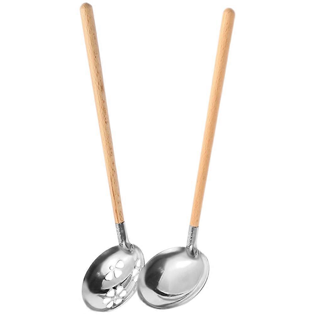 Stainless Steel Cooking Spoon Set with Wood Handle for Home Use Khaki Color Ideal for Serving and Straining