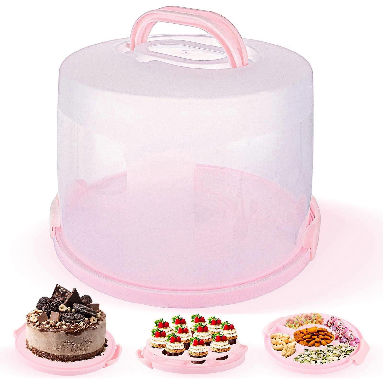 30cm Round Plastic Cake Carrier with Handle and Lid - Tall Cake Box for Cookies and Pies - Pink Cake Storage Container