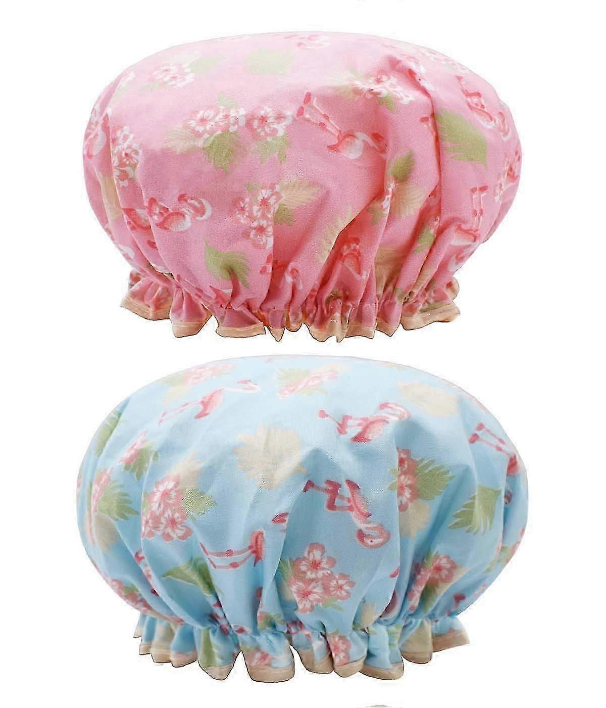 2pcs Elastic Bath Caps, Double Layer Waterproof Shower Caps with Ruffled Edge