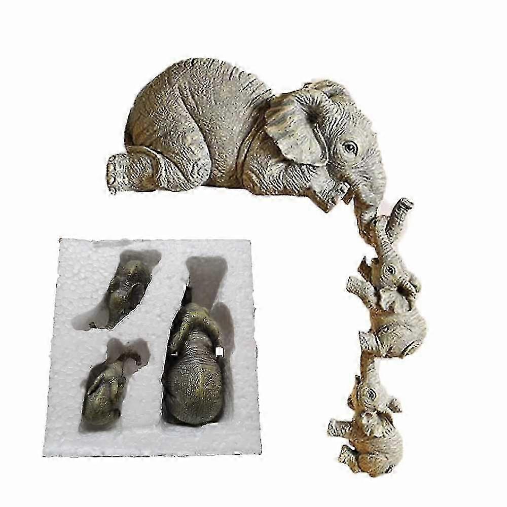Elephant Mother Hanging Two Baby Figurines Hanging On The Edge Of A Shelf Or Table