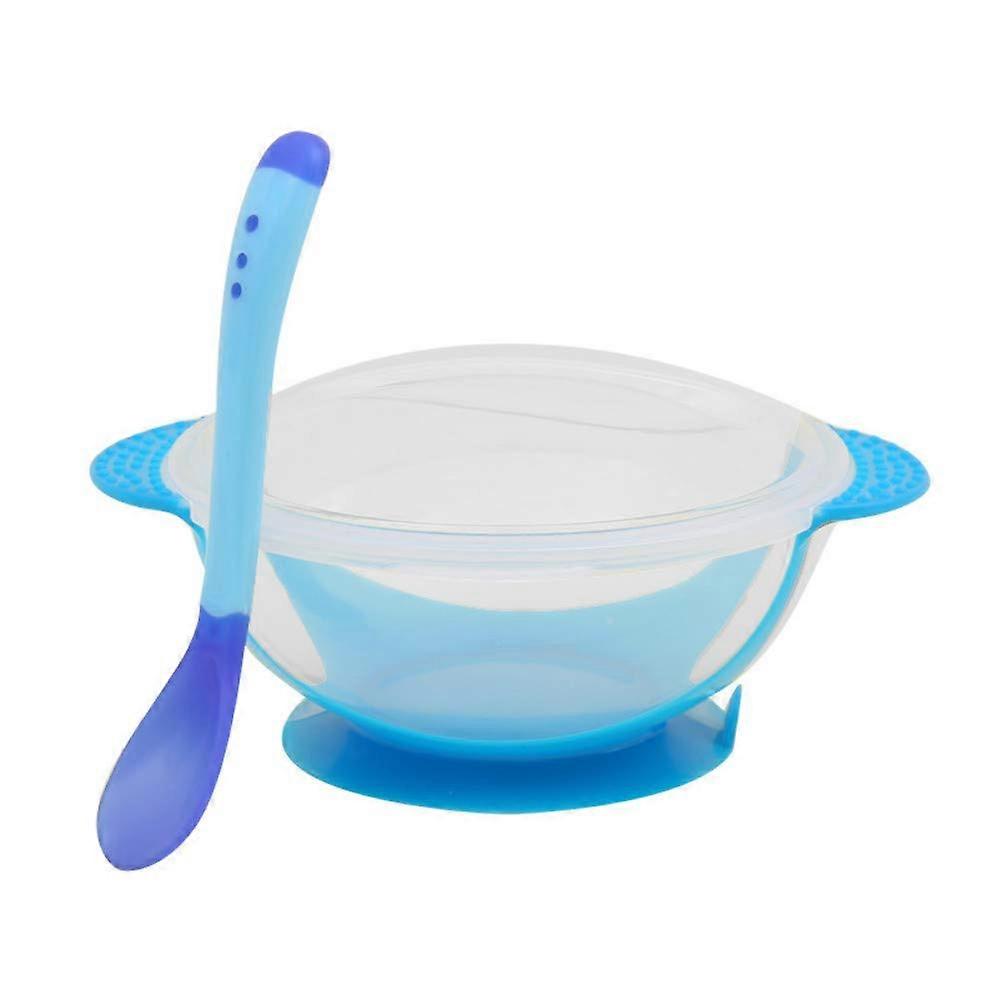 Baby Suction Bowl With Temperature Spoon Set, Plastic Baby Feeding Training Bowl, Blue