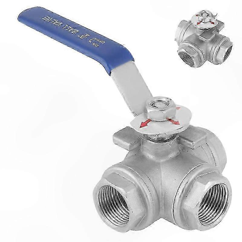 Stainless Steel 3-Way Ball Valve with T-Type Design and Vinyl Handle, 3/4" Inner Thread, DN20 Pipe Connection