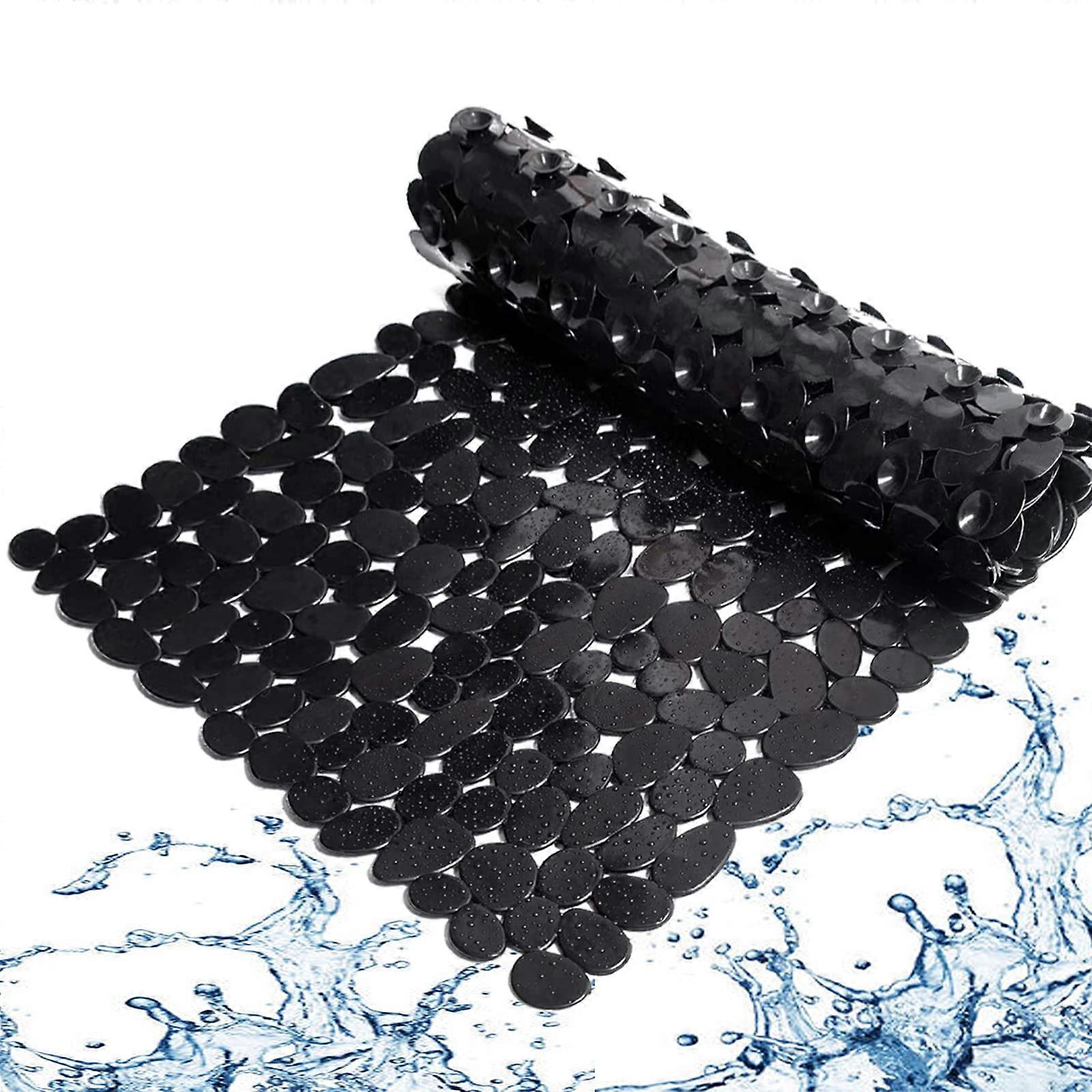 NonSlip Pebble Bath Mat Extra Long Shower Mat With Suction Cups And Drain Holes Machine Washable 40 x 88 CM Black