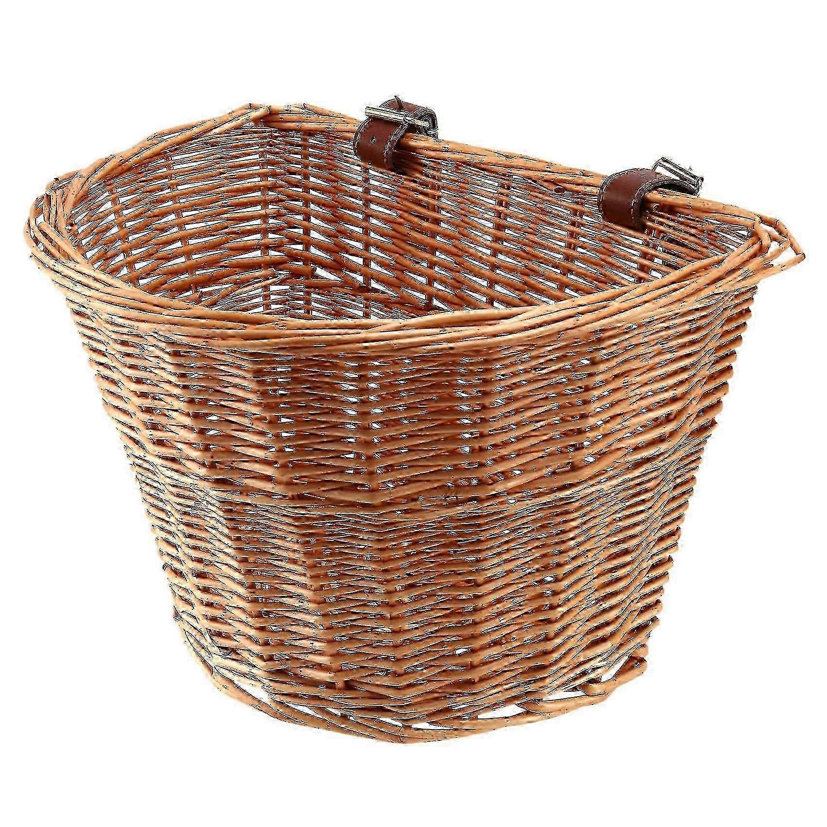 Rustic Wicker Bicycle Basket with Leather Straps and Reinforced Base