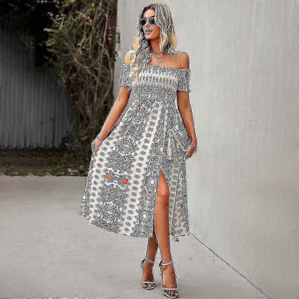 Elegante Blumenprint Saum Split Kleider Frauen Sommerkleid Boho Holiday Slash Ausschnitt Kurzarm Swing Midi Kleid