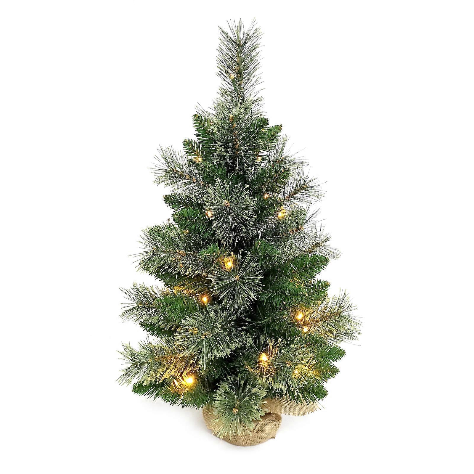 24 Inch Small Christmas Tree with Floral Pine Needles Warm White LED Light String Burlap Wrapped Base Christmas Ornament for Table Top Desk Classic S