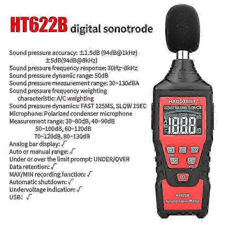 HT622 Digital Sound Level Noise Meter Logger 30~130db Digital dB Meter Noise Measuring Instrument with CE
