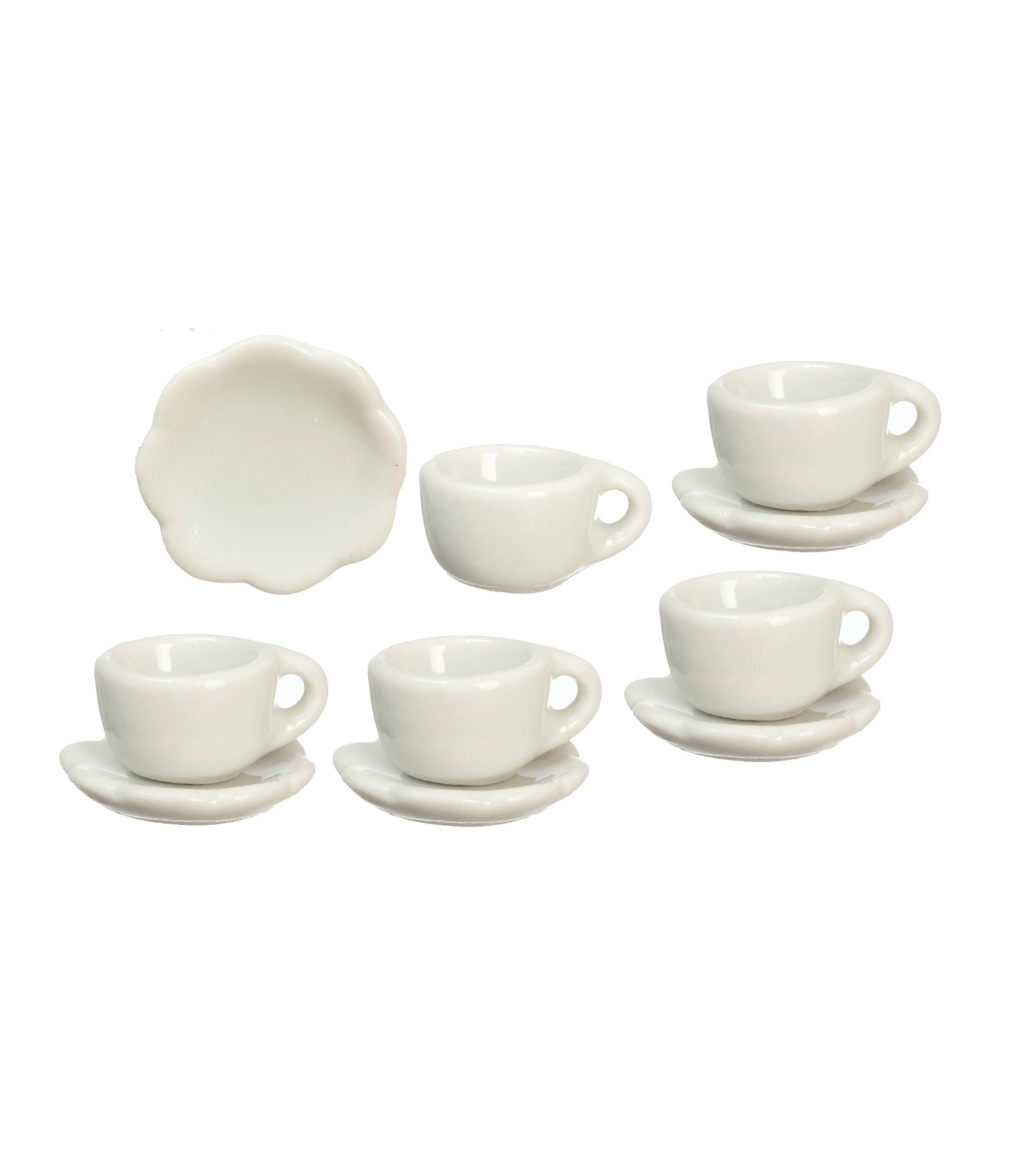 بيت الدمى 5 أكواب بيضاء مع صحون مطبخ مصغر مقهى ملحق الطعام