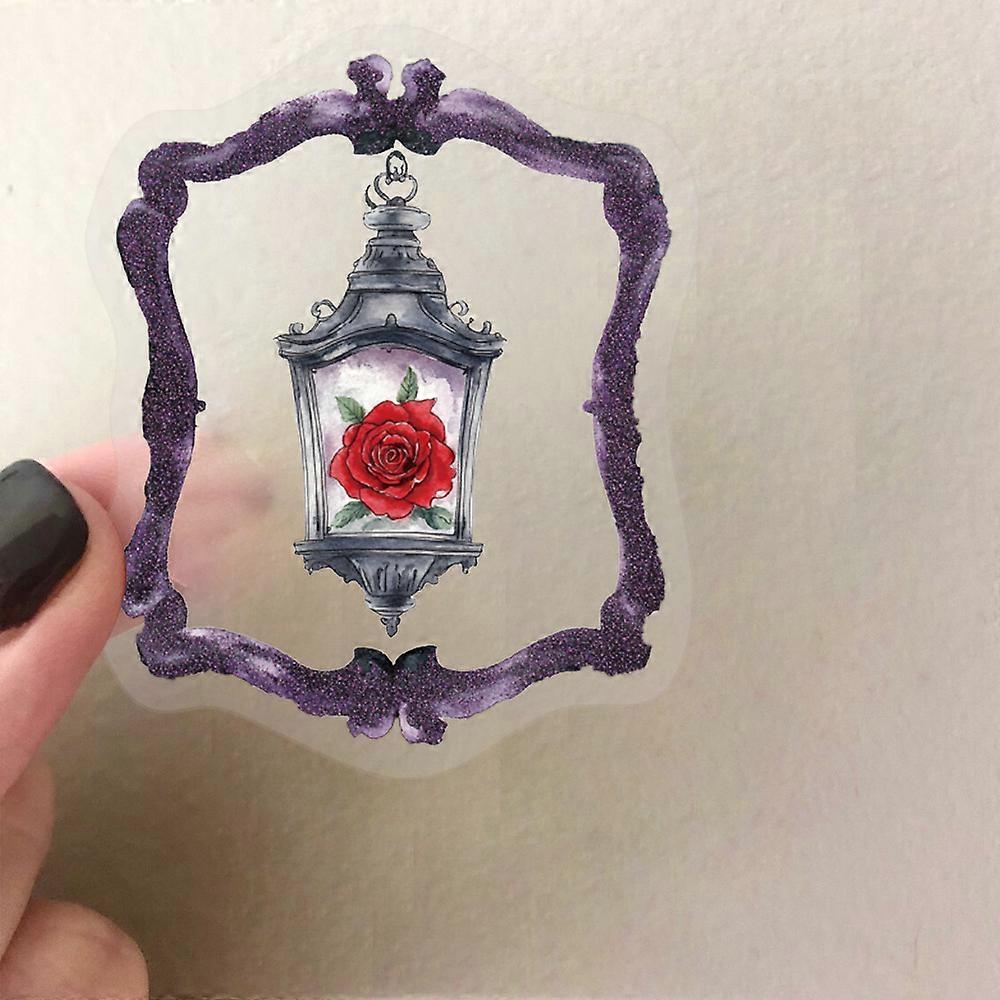 50 transparent PET sticker sheets with purple frames, waterproof and transparent, perfect for decorating journals, guitars, and notebooks.