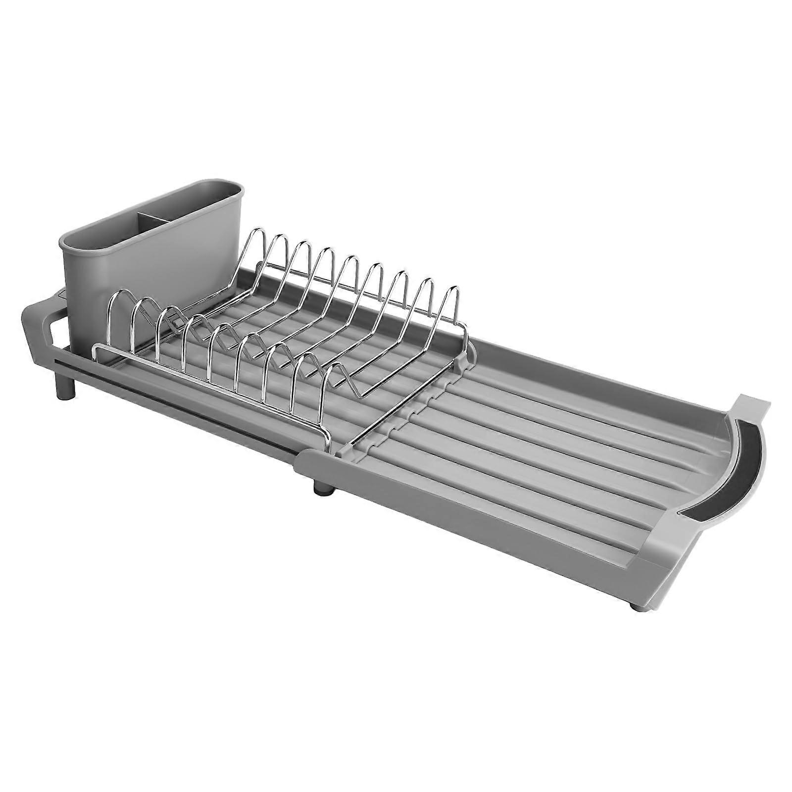 Expandable Stainless Steel Dish Drying Rack with Utensil Holder for Countertop and Sink, Gray