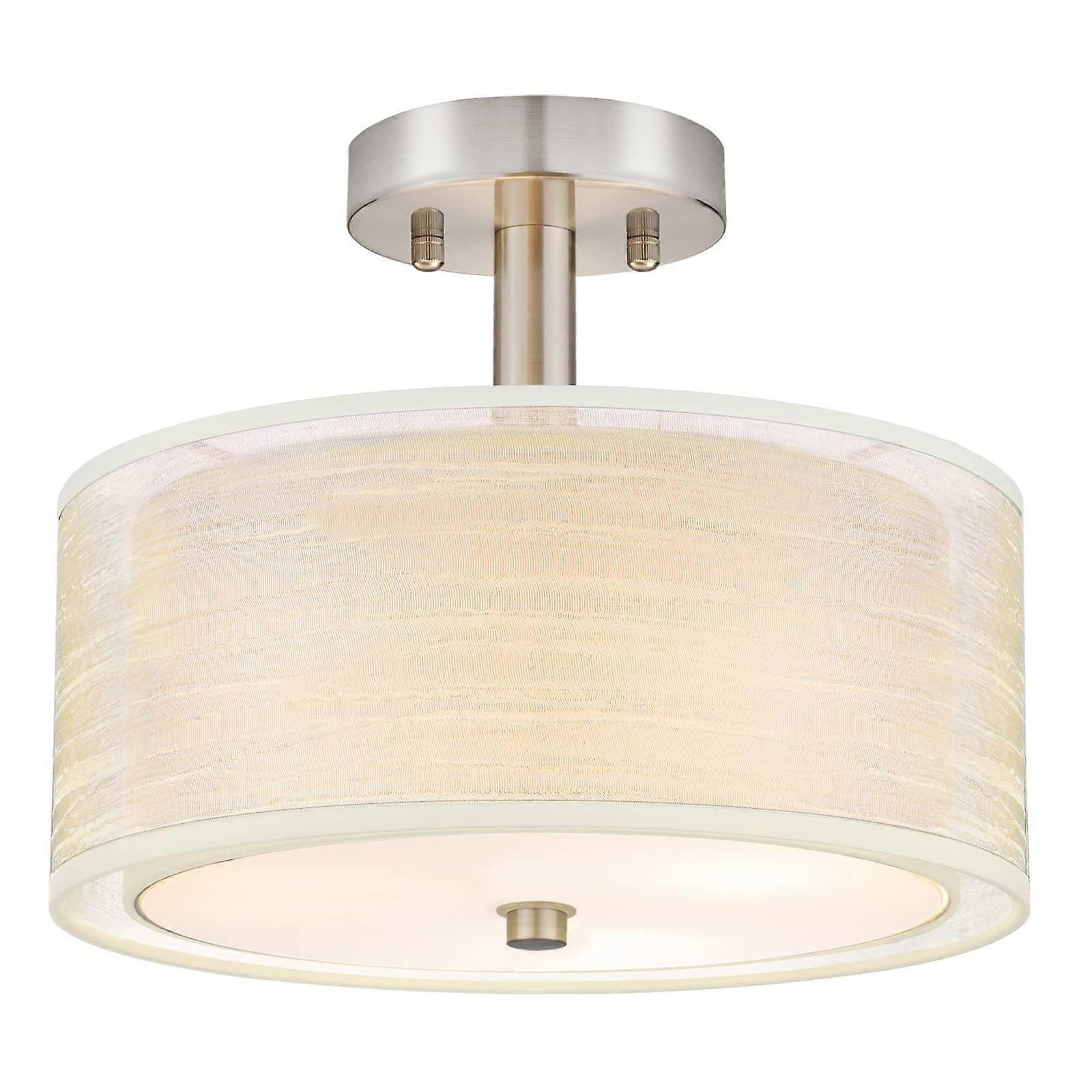 3Light Gold Semi Flush Mount Ceiling Light with Double Fabric Drum Shade for Kitchen and Hallway