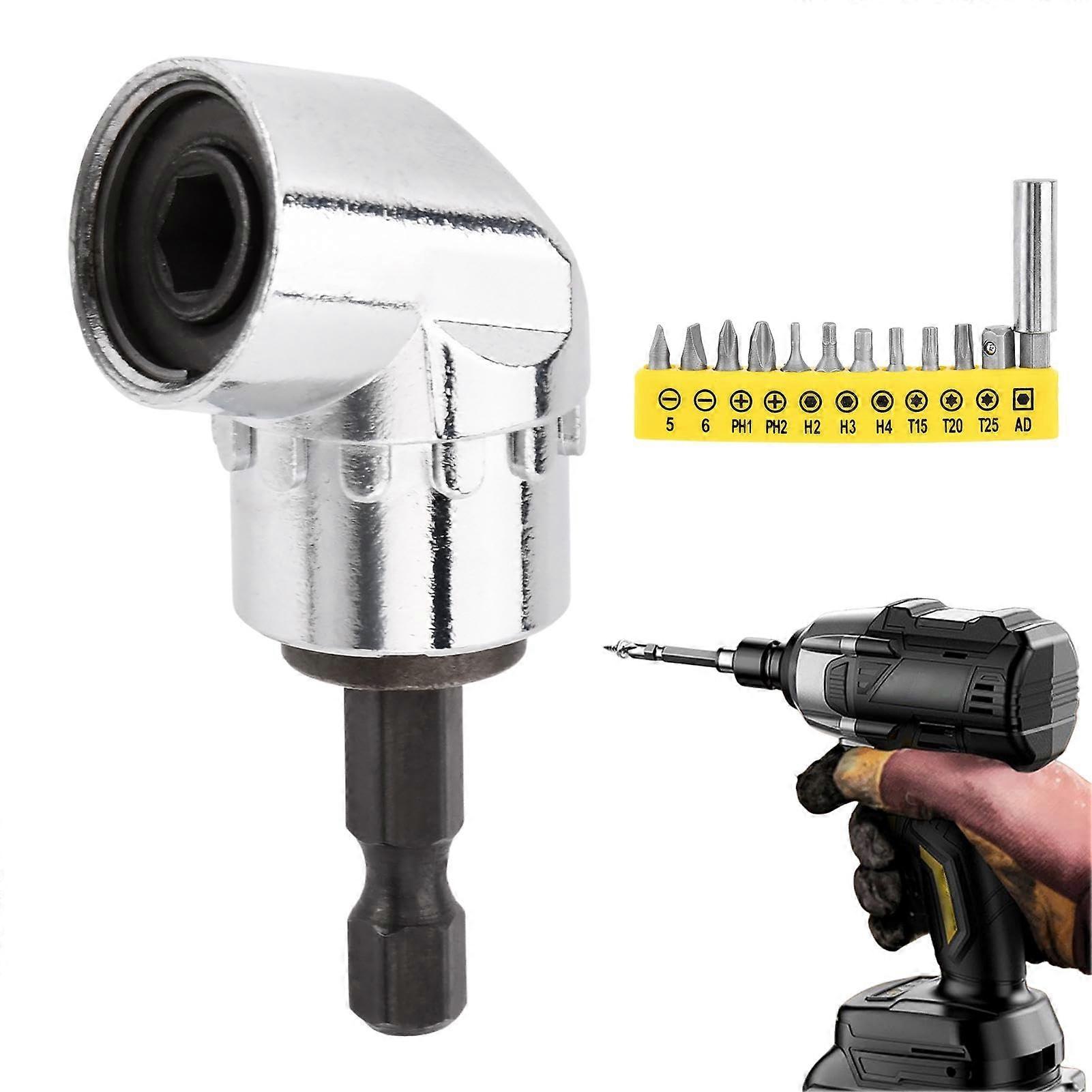 105 Degree Right Angle Drill Adapter with 12 Bit Set, Durable Zinc Alloy Attachment for Tight Spaces