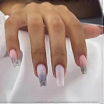 Press on Nails Coffin Medium Blue Glitter Ivory White Pink Fake Nails Glossy Acrylic Full Cover 24pcs