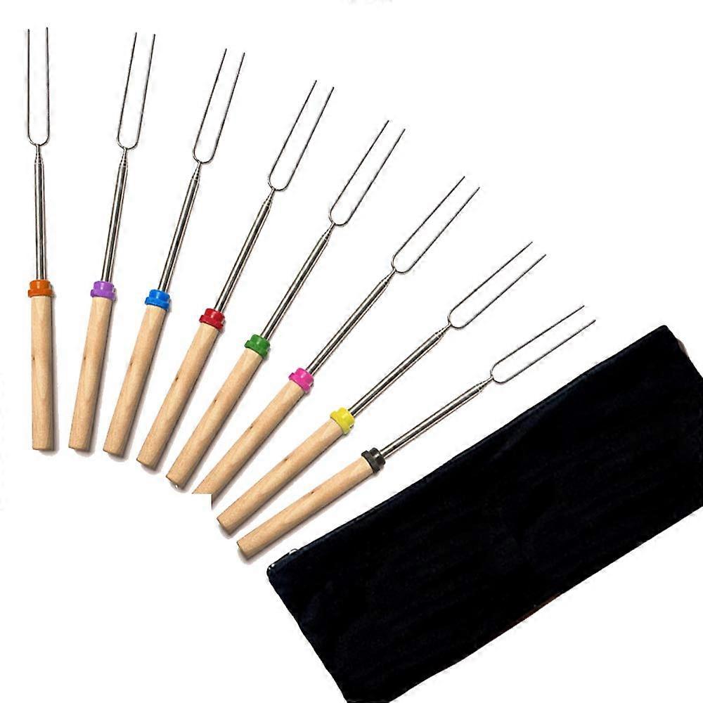 8PCS Marshmallow Roasting Sticks Telescoping BBQ Forks with Wooden Handle for Camping