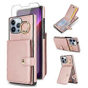 Wallet Case Rose Gold with Card Holder Ring Kickstand and Tempered Glass Screen Protector for iPhone 13 Pro