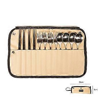 Portable Camping Utensil Storage Bag, Roll Up Cutlery Organizer Pouch with Hanging Hooks, Outdoor Travel Cookware Bag for Picnic BBQ Hiking, Khaki (Ba