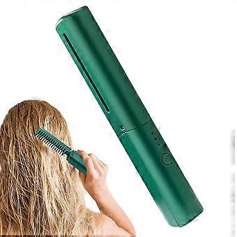 Green Cordless Hair Straightener Brush with Ceramic Coating & Adjustable Temp for Travel