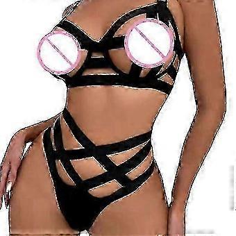 Sexy Damen-Unterwäsche-Set, 2-teilig – Ausgeschnittene Nachtwäsche mit einfarbigem BH mit Trägern und String, perfekt für die Flitterwochen