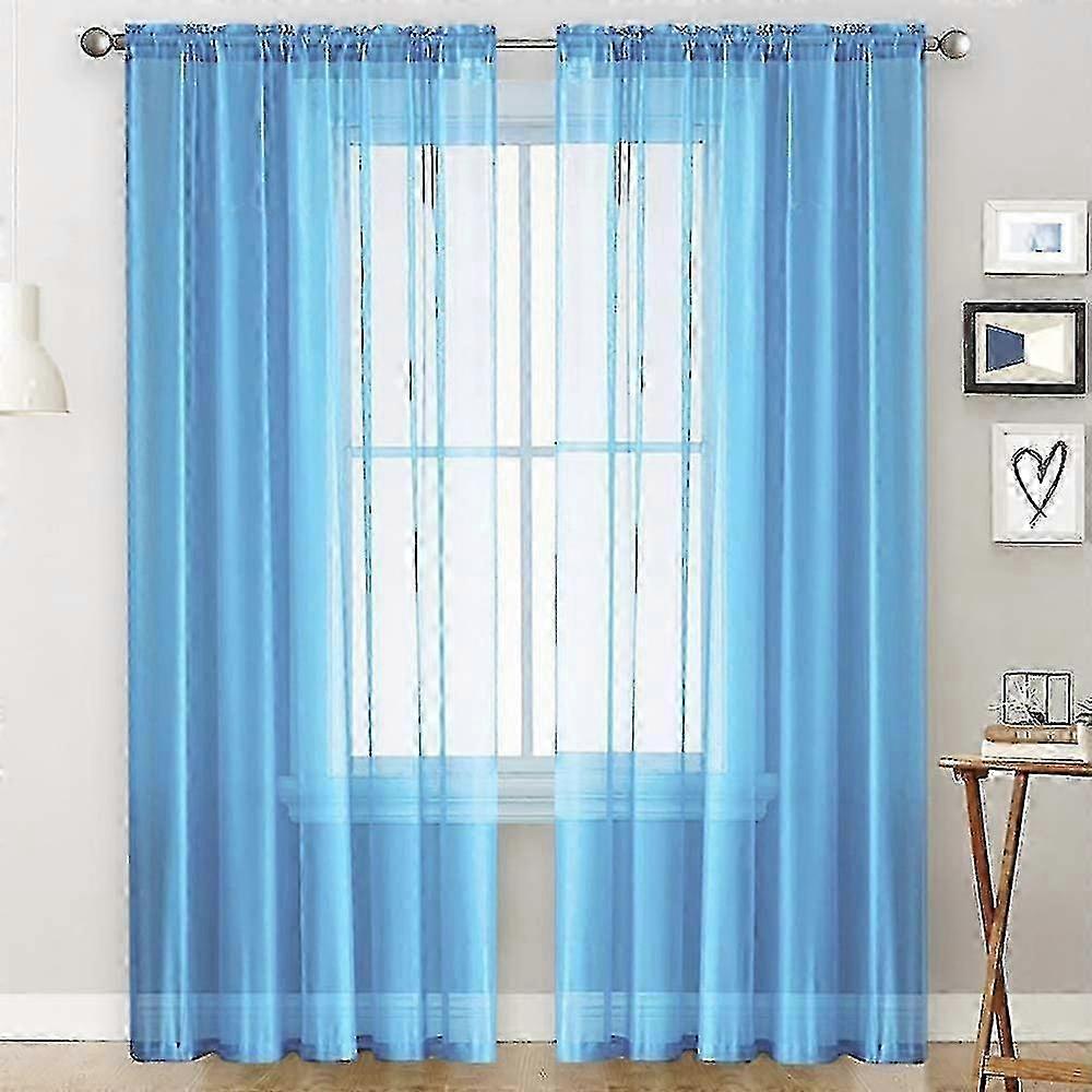 Linen-Effect Blue Voile Ruffled Curtains