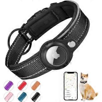 Reflective AirTag Dog Collar with Integrated Tracker Slot, Padded, Black, Size L for Medium/Large Dogs