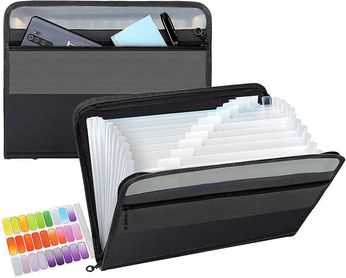 13 Pockets Expanding File Folder With Zipper Closure, A4 Plastic (black)