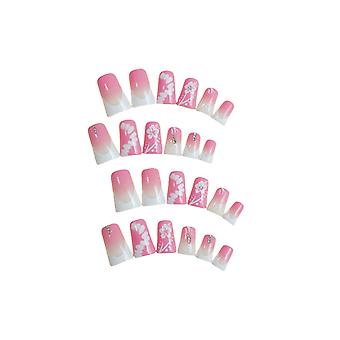 24pcs Nail Art Duck Feet Nail Tips Flower Print Artificial Nail with Rhinestones for Salon Expert and Naive Women