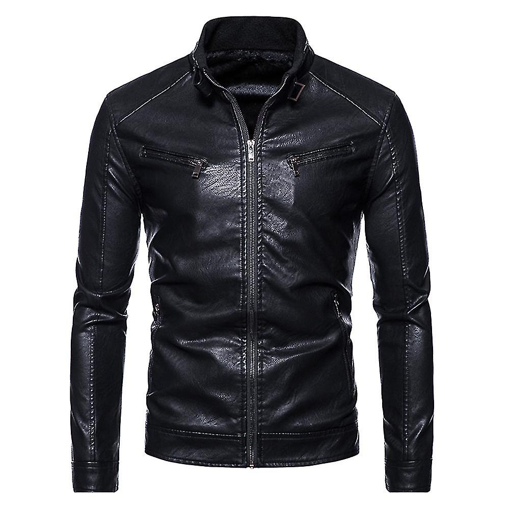 Men's Slim Solid Color Stand Collar Pu Leather Jacket
